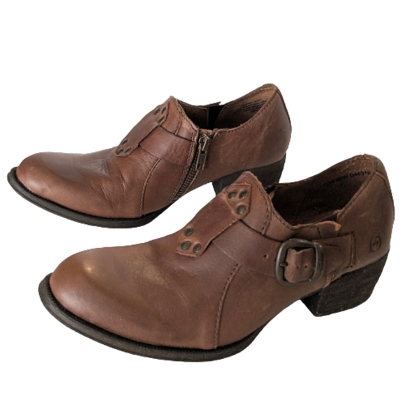 Born Boot Low Ankle Brown Cognac Distressed Leather Heeled - Picture 1 of 17